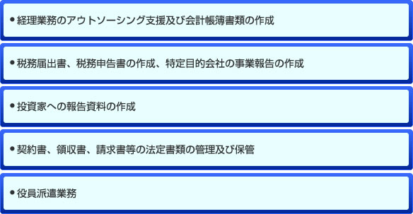 経理業務のアウトソーシング支援及び会計帳簿書類の作成,,税務届出書、税務申告書の作成、特定目的会社の事業報告の作成,投資家への報告資料の作成,契約書、領収書、請求書等の法定書類の管理及び保管,役員派遣業務